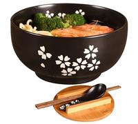 XJKLBYQ Ramen Bowl Set 1000ml Japanese Ramen Bowl Ceramic Floral Print Noodle Bowls with Lid, Spoon and Chopsticks Microwavable Dishwasher Safe Ramen Noodles Bowl, Ramen Noodles Bowl