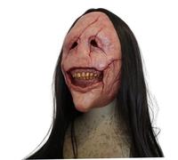 XJKLBYQ Scary Halloween Mask, Creepy Grin Smiling Red Scar Face Demon Mask with Black Long Hair, Latex Realistic Evil Scream for Cosplay Halloween Costumes