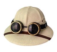 XJKLBYQ Straw Helmet, Pith Sun Hat, Vietnam War Army Hat with Goggles, Classic Wide Brim Jungle Miners Cap for Beaches, Parks, Camping, Hiking(White)