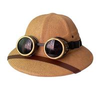 XJKLBYQ Straw Helmet, Pith Sun Hat, Vietnam War Army Hat with Goggles, Classic Wide Brim Jungle Miners Cap for Beaches, Parks, Camping, Hiking(Khaki)