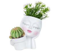 XJKLBYQ Succulent Pots Resin Flower Pots for Indoor Plants with Drain Hole Cute Double Flower Pots in One Face Planter Pot Head Planter Succulent Planter White, flower pots for indoor plants