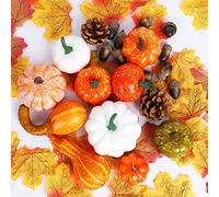 XJKLBYQ Thanksgiving Decorations Set, 86PCS Artificial Pumpkins, Maple Leaves, Acorns, Pinecones, Autumn Harvest Decor