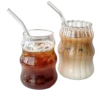 XJKLBYQ Vintage Drinking Glasses,2Pcs Ribbed Glassware with Straws,18Oz Ripple Glass Cups Wave Shaped Beverage Glasses Iced Coffee Cup for Whiskey Cocktail Juice Beer