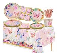 XJLANTTE 106 PCS Butterfly Birthday Party Supplies - Butterfly Plates, Napkins, Cups, and Tablecloth for Girls Baby Shower, Fairy Themed Party Decorations, Serves 20 Guests