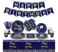 XJLANTTE 107 PCS Blue & Gold Party Supplies - Banner, Plates, Napkins, Cups, Tablecloth for Baby Shower, Wedding Party Decorations, Serves 20 Guests