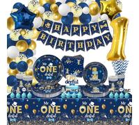 XJLANTTE 172 PCS Mr Onederful Birthday Decorations - Blue Gold Plates, Napkins, Cups, Balloons, Banner, Cake Topper and Tablecloth for Baby Shower 1st Boy Decorations, Serve 20, JY-25