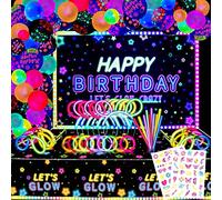 XJLANTTE 192 PCS Neon Glow Birthday Party Supplies - in The Dark Backdrop Banner, Let’s Tablecloth, Balloons, Temporary Tattoo, Sticks for Black Light Decorations (JY-08)