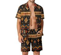XJLAPWS Button-Down Shirt And Short Set African Pattern Ethnic And Tribal Motifs Men's Summer Beach Suits Outfit 2 Piece