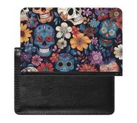 XJLAPWS Passport Cover Case Blossom Flowers Skulls Pattern Pu Leather Passport Holder Cover with Card Slot