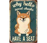 XJPXFQ Funny Retro Tin Sign A Doge With A Red Heart On Its Face And The Words Why Hello Sweet Cheeks Have A Seat Metal Poster Plaques Home Decoration Canvas Painting Poster 12X8Inch