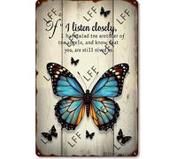 XJPXFQ Retro Metal Tin Sign, A Blue Butterfly With A Quote On It That Says If I Listen Closely I Can Hear The Rustle Of Angel Home Bar Shop Decorations Coffee Vintage Sign Gift 8X12 Inch