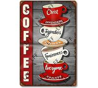 XJPXFQ Retro Metal Tin Sign, A Stack Of Coffee Cups With The Words Christ Offers Forgiveness For Everyone Everywhere On Them Home Bar Shop Decorations Coffee Vintage Sign Gift 8X12 Inch