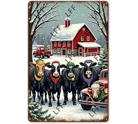 XJPXFQ Vintage Metal Tin Sign A Group Of Cows Wearing Hats And Scarves In A Snowy Landscape Wall Art Poster Novelty Sign 8X12 Inch