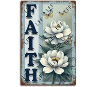 XJPXFQ Vintage Tin Sign - A Painting Of Blue Flowers And Butterflies With The Word Faith - Wall Art For Home Or Office Decore Poster For Spiritual - Metal Plaque 8 Inch X 12 Inch