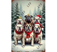 XJPXFQ Wall Decor Tin Sign A Group Of Bulldogs Wearing Hats And Scarves In Front Of A Christmas Tree Metal Tin Poster For Living Room Decor Home Decor Office Decor Farmhouse Decor Church 8X12 Inch