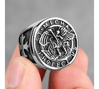 XJruixi 316L Stainless Steel St-Michael Men Rings Good Lucky Talisman Religious Personality Biker Ring for Men Boy Fashion Jewelry Gift