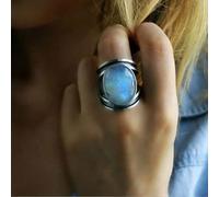 XJruixi Antique Tibetan Big Oval Moonstone Ring Oversized Indian Healing Crystal Fire Opal Rings for Women Vintage Jewelry 1Pc Size 6-10
