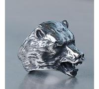 XJruixi Cool Viking Stainless Steel Bear Head Animal Ring Jungle Master Slavic Raging Bear Head Ring Men's Biker Fashion Jewelry