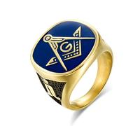 XJruixi Vintage Blue Gold Color Masonic Men's Ring Titanium Steel Retro Punk Ring Hip Hop Brotherhood Ring mason Male Jewelry