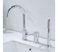 XJTNLB 3 Hole Bath Shower Mixer Tap Bath Tub Taps with Pull Out Shower Head | 360° Swivel Gooseneck Spout Single Lever Deck Mounted Bath Mixer Tap Hot and Cold Water G1/2, Chrome