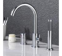XJTNLB 3 Hole Shower Mixer Tap Bath Taps with Pull Out Shower Head | 31cm 360° Swivel Gooseneck Spout Deck Mounted Bath Shower Mixer Tap Lever Brass, Chrome