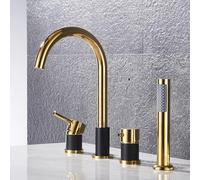 XJTNLB 4-Hole Bath Mixer Tap Black+Golden Shower Head and Hose Set for Bath Taps Gooseneck Single Lever Pull Out Tap