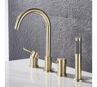 XJTNLB 4-Hole Bath Mixer Tap Brushed Gold Shower Head and Hose Set for Bath Taps Gooseneck Single Lever Pull Out Tap
