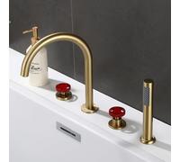 XJTNLB 4 Hole Bath Tap Bath Mixer Taps with Shower Brushed Gold + Red Single Lever 360 Degree Swivel Tap Gooseneck Spout