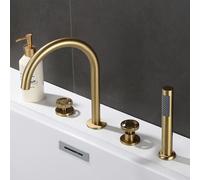 XJTNLB 4 Hole Bath Tap Bath Mixer Taps with Shower Brushed Gold Single Lever 360 Degree Swivel Tap Gooseneck Spout