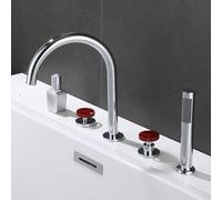 XJTNLB 4 Hole Bath Tap Bath Mixer Taps with Shower Chrome + Red Single Lever 360 Degree Swivel Tap Gooseneck Spout