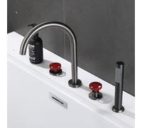XJTNLB 4 Hole Bath Tap Bath Mixer Taps with Shower Grey + Red Single Lever 360 Degree Swivel Tap Gooseneck Spout
