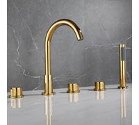 XJTNLB 5 Hole Bath Faucet Bath Tub Tap with Pull Out Shower Head | 29cm High Spout Double Handle Deck Mounted Bath Mixer Tap with Diverter Fits 35mm Deck, Brushed Gold