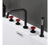 XJTNLB Bath and Shower Mixer Taps Black + Red 5+Hole Bath Shower Mixer+Tap 360 Swivel Spout Double Lever Pull Out Tap
