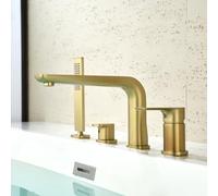 XJTNLB Bath Shower Mixer Tap Brushed Gold 4 Hole Bath Tap with Pull Out Shower Head & Hose 360 Swivel Bathtub Faucet