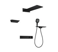 XJTNLB Black Thermostatic Concealed Shower Mixer Set, Piano Key Control, Digital Display Valve, Waterfall Rainfall Head