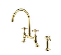 XJTNLB Bridge Taps Kitchen with Spray Head 3 Holes Double Handle Hot Cold Water Mixer for Sink Retro Kitchen Mixer Tap Gold