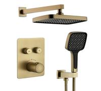 XJTNLB Concealed Shower Mixer Set Brushed Gold with Piano Key Control, Rectangular Rainfall Shower Head and 3 Mode Handheld Showers