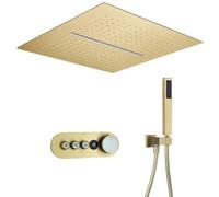 XJTNLB Concealed Shower Mixer Set Brushed Gold with Piano Key Control, Square Waterfall Rainfall Shower Head, Led Panel Display