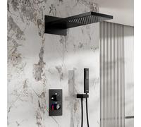 XJTNLB Concealed Shower System Black, Rectangular Rainfall Shower Head, Led Panel Display, 2 Outlet Concealed Valve System