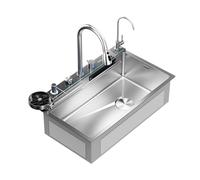 XJTNLB Digital Waterfall Sink Brushed Stainless Steel Waterfall Kitchen Sink with Pull Out Mixer Tap Knob Control Workstation Sinks, 68 * 46cm