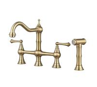 XJTNLB Kitchen Bridge Taps Hot Cold Water Mixer Tap for Sink Brushed Gold Dual Lever Bridge Taps with Spray Brass