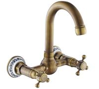 XJTNLB Swan Necked Antique Brass Bathroom Mixer Tap Traditional Wall Mounted Basin Taps Swivel Spout Bathroom Sink Taps Victorian 2 Hole-A