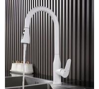 XJTNLB Touch Free Tap White Kitchen Sink Pull Out Taps 2 Modes | Pull Out Spray Kitchen Tap Suited for G1/2 Pull Out Hose Single Lever 360° Swivel Mixer Taps for Kitchen