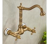 XJTNLB Traditional Bathroom Basin Taps Antique Brass Vintage Bathroom Sink Tap Double Handles Basin Mixer Tap 2 Hole with Rotating Spout-E,Tall