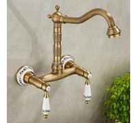 XJTNLB Traditional Bathroom Basin Taps Antique Brass Vintage Bathroom Sink Tap Double Handles Basin Mixer Tap 2 Hole with Rotating Spout-D,Tall
