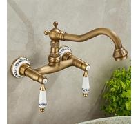 XJTNLB Traditional Bathroom Basin Taps Antique Brass Vintage Bathroom Sink Tap Double Handles Basin Mixer Tap 2 Hole with Rotating Spout-D,Low