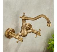 XJTNLB Traditional Bathroom Basin Taps Antique Brass Vintage Bathroom Sink Tap Double Handles Basin Mixer Tap 2 Hole with Rotating Spout-C,Low