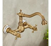 XJTNLB Traditional Bathroom Basin Taps Antique Brass Vintage Bathroom Sink Tap Double Handles Basin Mixer Tap 2 Hole with Rotating Spout-E,Low