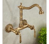 XJTNLB Traditional Bathroom Basin Taps Antique Brass Vintage Bathroom Sink Tap Double Handles Basin Mixer Tap 2 Hole with Rotating Spout-B,Tall