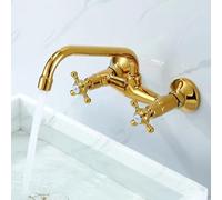 XJTNLB Traditional Wall Mounted Basin Taps Bathroom Sink Taps Victorian Gold Wall Mounted 2 Hole Basin Mixer Tap Cross Handle